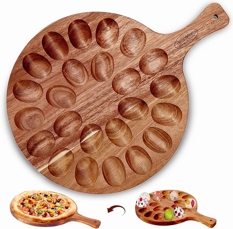 Erwuldor Acacia Wood Deviled Egg Platter,24 Holes Deviled Egg Tray.Round Deviled Egg Holder for Deviled Eggs.Charcuterie Board Easter Deviled Egg Carrier for Kitchen Countertops - Image 1